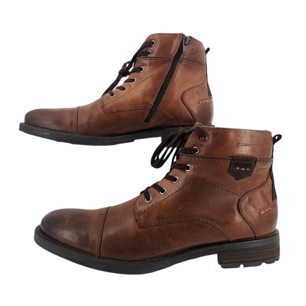Alfani Jack Combat Boots Men 13M Brown Leather Cap Toe Side Zip ‎ EUC